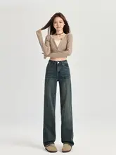 レディース 秋冬用ヴィンテージ風 ハイウエストストレートカジュアルワイドパンツ