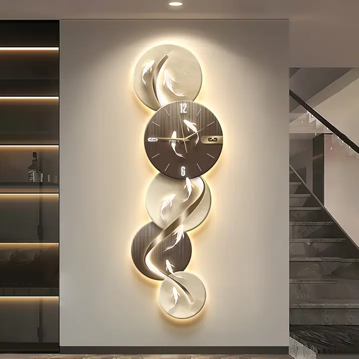 現代的なラグジュアリーエントランス装飾画 九魚図【時計・ライト付き・抽象デザイン・廊下用】