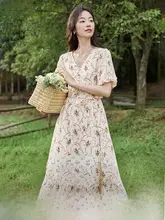 イーマン フラワープリント Vネック ロングワンピース【高腰・パフスリーブ・Aライン】