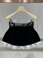 高腰花弁デザインベロアフレアスカート【ブラック・個性的なスタイル】（セットアップ対応）