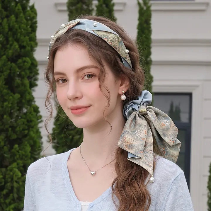 ヘアアクセサリー レディース シュシュ 髪ゴム カチューシャ サテン パール 油絵風 チャイナテイスト 韓流 ヴィンテージ 上品 「CACUSS」