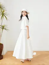 ローマの休日風 夏用 白色のボタン付きレーストップスとシフォンスカート【伞裙・セットアップ対応】