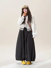 黒色のウエストゴム付き厚手コットンワイドレッグパンツ【冬用・フィット・ストレートデザイン】