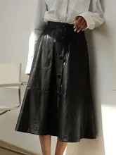 秋冬用 ブラックレザー ハイウエスト Aライン スカート【フィット感のあるシルエット・中丈】