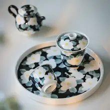 手作り陶器茶器セット【釉下彩花柄・レトロデザイン・ティーポット・カップ・トレイ】（セットアップ対応）