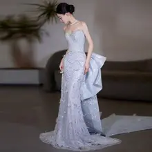 高級デザインのブルーラメマーメイドドレス【羽毛装飾・結婚式用・主催者向け】