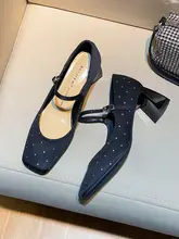 ブラックレザー マリージェーンハイヒール【ダイヤモンド装飾・スクエアトゥ・太ヒール・バックル付き】