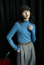 レディース 半高衿長袖Tシャツ【春秋用・リブ編み・ストレッチ・ブルー・シンプルデザイン】