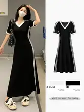 大きいサイズの黒 Vネックハイウエスト Aラインワンピース【春用・カジュアル・ロング丈・ウエストシェイプ】