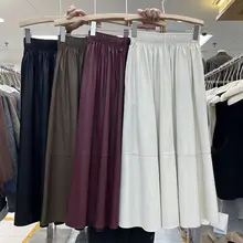 レトロ風 ピースレザー ハイウエスト Aラインスカート【ウエストゴム・ポケット付き・大きな裾】