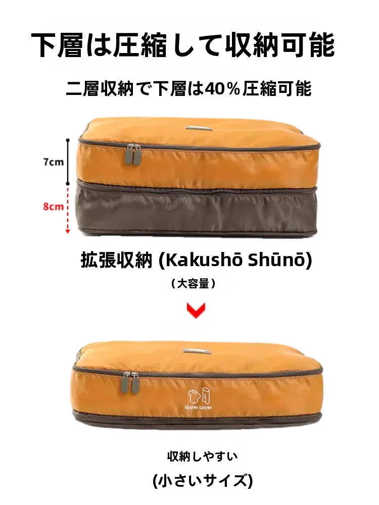 旅行用衣類収納袋：二層圧縮設計でスーツケース内の整理を徹底