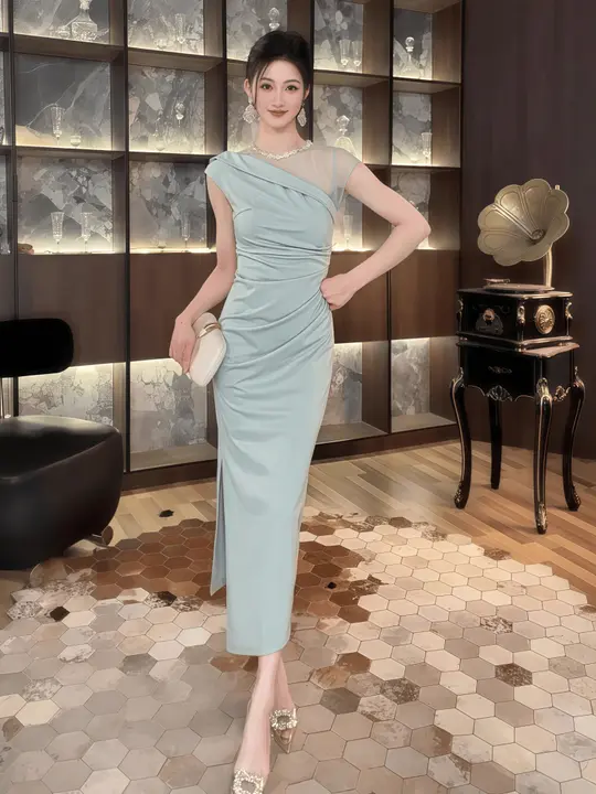 フランス風 高級感あふれる女性用ロングドレス【ウエストフィット・包み込むシルエット・夏用】