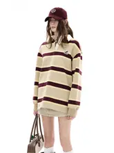 冬用レトロポロカラーのストライプデザイン女性用ルーズフィットスウェットシャツ