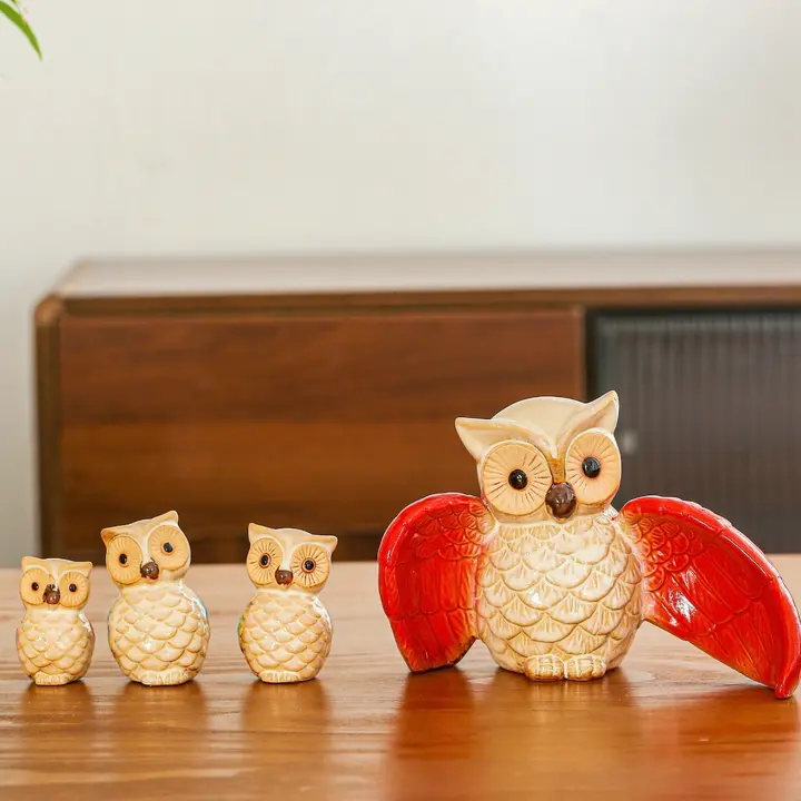 アメリカンスタイルの親子フクロウ陶器置物【デスクトップ・リビング・玄関用・工芸品】
