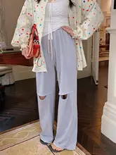 ハイウエストデニム風 ダメージ加工パンツ【夏用・カジュアル・レディース・ストレート・大きいサイズ】（セットアップ対応）