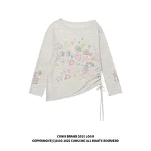 ヴ  ィンテージ風 カートゥーンデザインの長袖チュニック Tシャツ【春夏用・日焼け防止・軽やかさ・ドローストリング付き】（セットアップ対応）