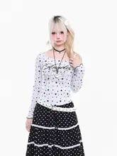 星柄プリント レディース長袖Tシャツ【スリムフィット・斜めネック・オフショルダー】