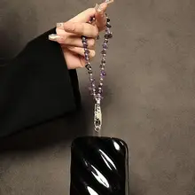 ビーズストラップ カットストーン パープル おしゃれ ハンドチェーン リストストラップ スマホケース キーホルダー バッグチャーム
