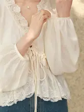 春季デザインのレース長袖ブラウス【優雅なリボン付き・女性用】