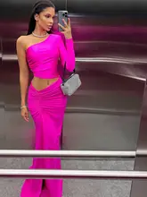 一肩デザインのロングドレス【セクシー・レースアップ・高スリット・皺加工】