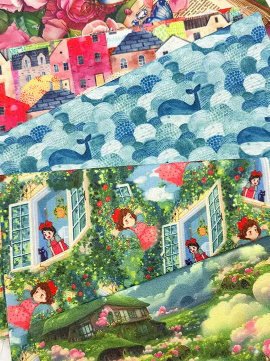 多巴胺キャラクタープリントの加密コットンリネン生地【DIY・手作り用・装飾用】