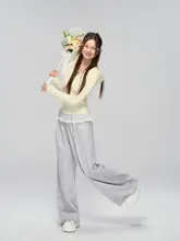 レース切り替えのグレー ワイドレッグパンツ【春用・・ルーズストレート】（セットアップ対応）