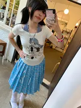 Tシャツ レディース フェイクレイヤード ワイドネック 紺白ストライプ 水玉 少女プリント「1moresheep」