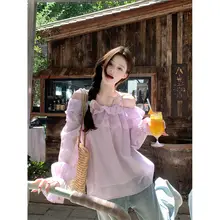 優雅なレースフリルオフショルダー長袖シャツ【ルーズフィット・女性用・フランス風】