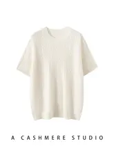 シンプルデザインの半袖ニットトップス【100%カシミヤ・ラウンドネック・秋冬用】