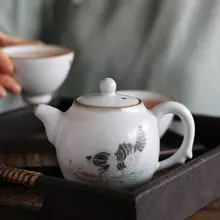 手描き猫デザインの汝窯茶壺【景徳鎮製・レトロ中華・一人用】