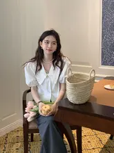 フレンチスタイル パフスリーブブラウス【子供用襟・ショートスリーブ・Vネック・ホワイト】