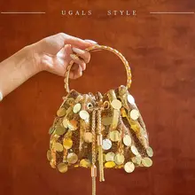ミニバッグ レディース ラインストーン メタル スパンコール 巾着 バケットバッグ クラッチ ショルダー パーティー キラキラ ギャル「UGALS」