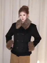 デタッチャブルファー付きダブルボタンウエストシェイプウールジャケット【ヴィンテージ風・保温性】