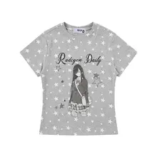 二次元キャラクター印刷短袖Tシャツ【星柄・グレー・フィットデザイン】