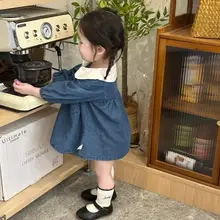 デニムワンピース キッズ ガールズ 長袖 ピーターパンカラー ゆったり 肌触り良い かわいい おしゃれ 秋物