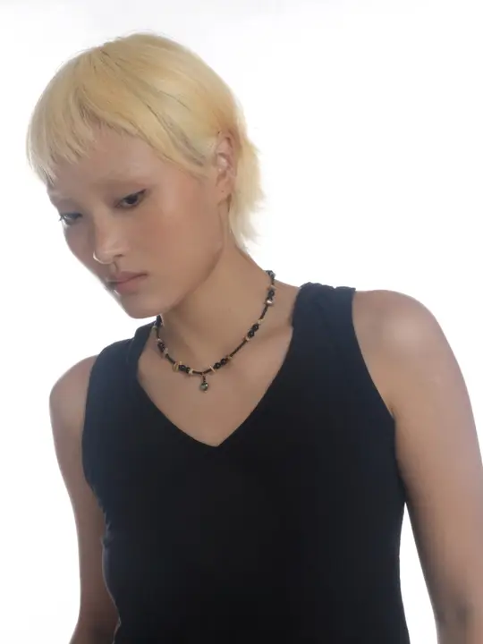 米珠地図石ネックレス【ハートモチーフ・ブラックアイアンストーン・ダークスタイル】