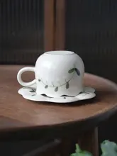 陶製コーヒーカップセット【景徳鎮製・フラワーカット・ラテアート対応・デザイン皿付き】