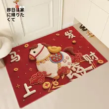 新年の赤い馬デザイン玄関マット【防塵・滑り止め・耐汚れ】