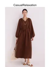 レトロマラードカラー Vネックバルーンスリーブワンピース【ラフで質感ある・長袖・ゆったりシルエット】