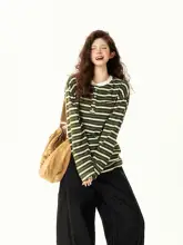 レトロなバイカラーストライプヘンリーネック長袖Tシャツ【ゆったりフィット・スタイリッシュ・シンプル】