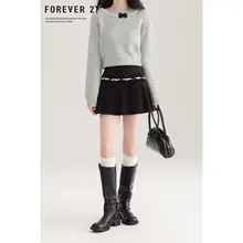 リボンデザインのレース付きAラインプリーツスカート【秋冬用】