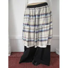 チェック柄レース付きワイドレグパンツ【高腰・春秋用・ルーズフィット】（セットアップ対応）
