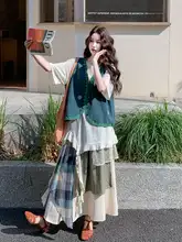 韓国風 学院スタイル プリントTシャツ【軽量・カジュアル・刺繍ベスト・不規則なスカート】（セットアップ対応）