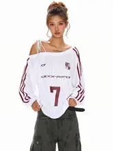 アメリカンビンテージスタイルのオフショルダーロングスリーブTシャツ【アルファベットプリント・快適なルーズフィット】