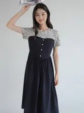 大きいサイズのカラーコンビネーションワンピース【ウエストシェイプ・夏用・韓国スタイル】（セットアップ対応）