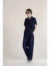 レトロデザインのデニムショートスリーブトップスとパンツ【春夏用・ドローストリング】（セットアップ対応）