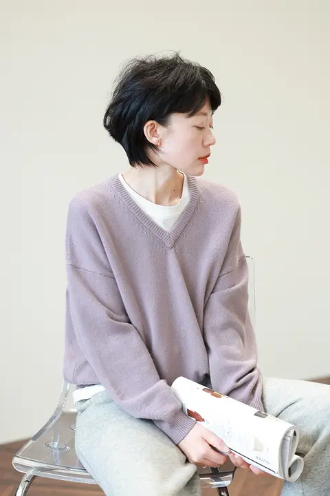 全山羊绒 Vネックニットセーター【厚手・パープル・レディース・バルーンシルエット】