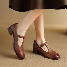 本革製 ラウンドトゥ T字フラップ マaryジェンシューズ【ミドルヒール・ヴィンテージスタイル・アカ デミック風】