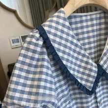 夏用大きいサイズ レディースチェック柄ワンピース【ブルー・ダブルカラー・長 袖・体型カバー】（セットアップ対応）