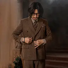 英国風のダブルブレストスーツジャケット【ウール混・ヘリンボーン柄・ビジネスカジュアル・スリムフィット】